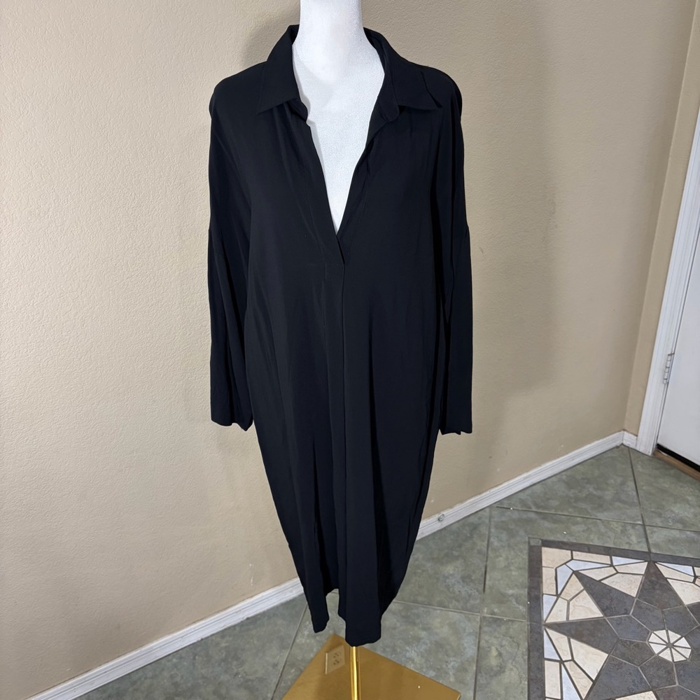 Vince Shirt Dress Black Easy Knit Oversized Split Neck Pullover Sz L Lagen Look